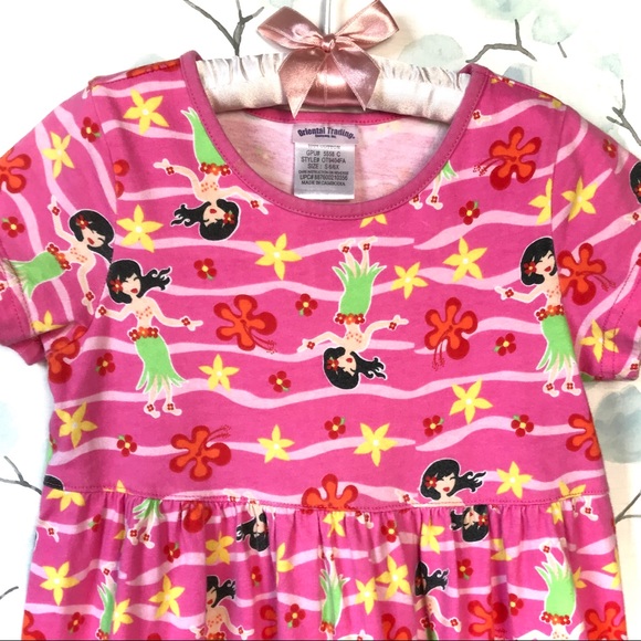 Kids Summer Floral Stripe Pink Red Yellow Hawaiian Hula Dress Oriental Trading - Picture 3 of 10